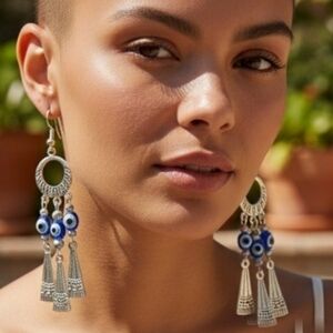 🦋Silver Chandelier Tassel Evil Eye  Earrings!
